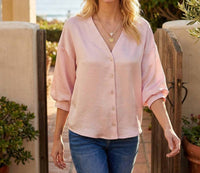 Karen Kane Lantern Sleeve Crystal Rhinestone Button Satin Top in pink - women's blouse - view 8