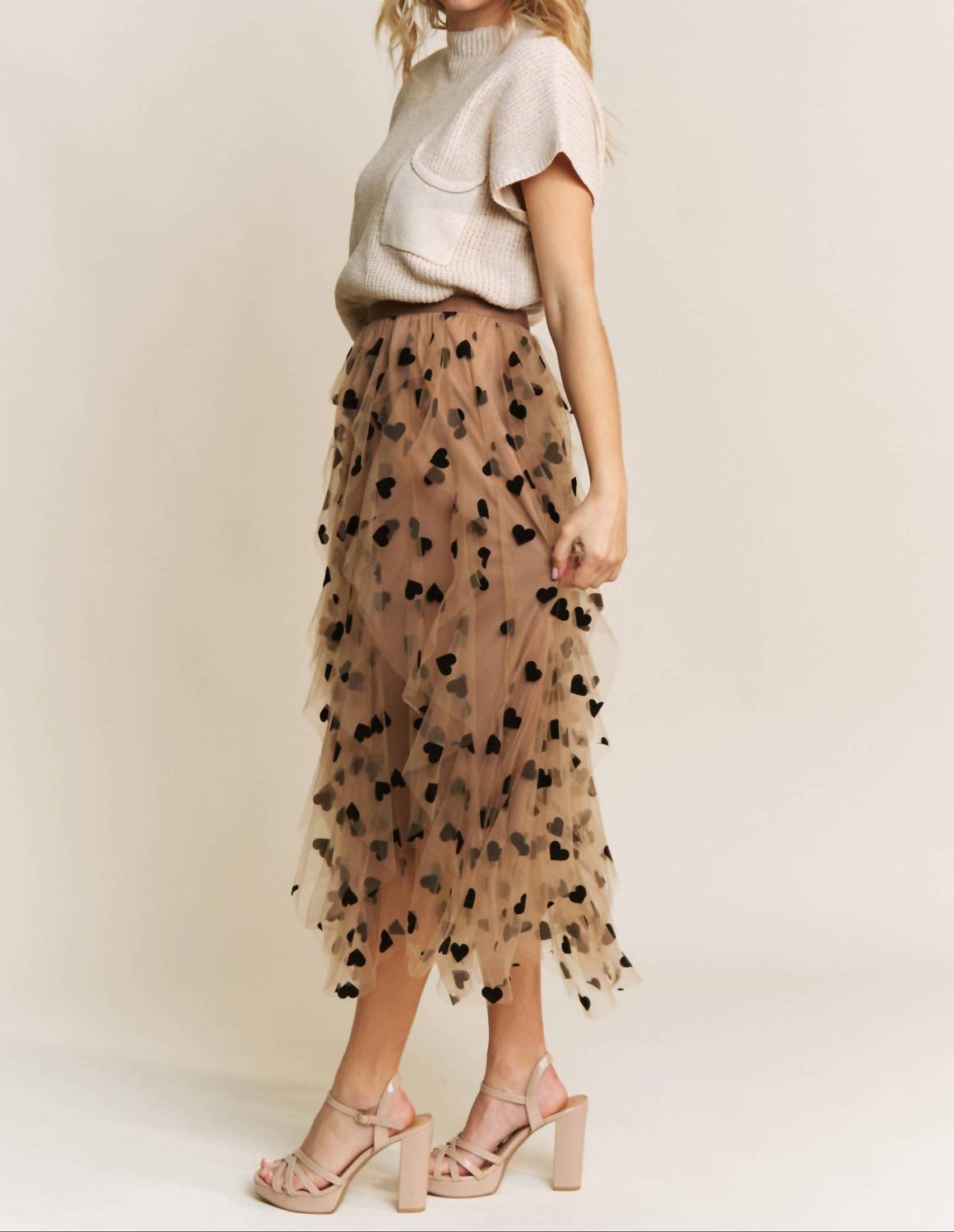 Sweet Generis All Frills Velvet Heart Flocked Midi Skirt in mocha - women's skirt - view 5