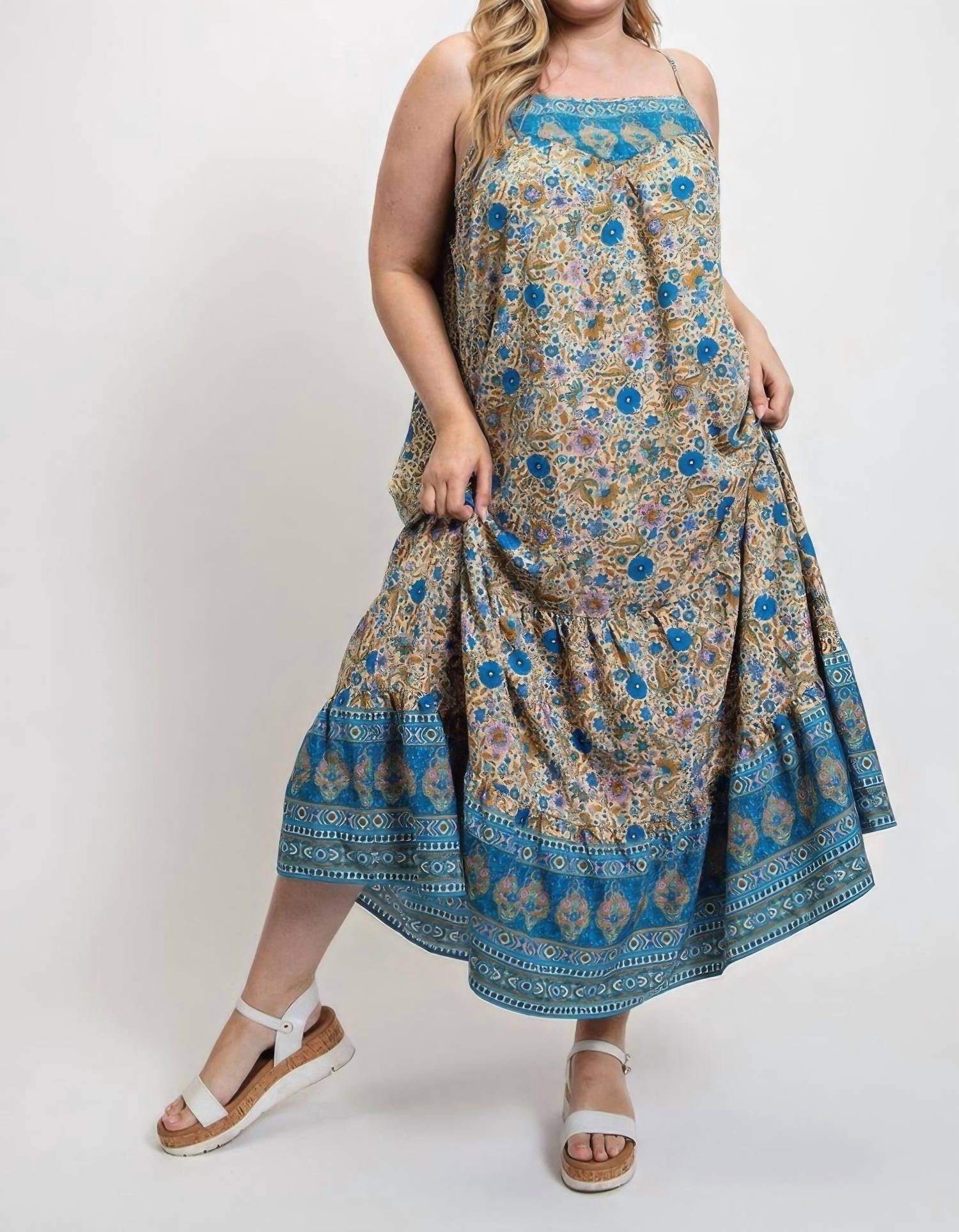 GiGiO Boho Beauty Floral Aztec Maxi Dress in blue multi - women's dress - detail view