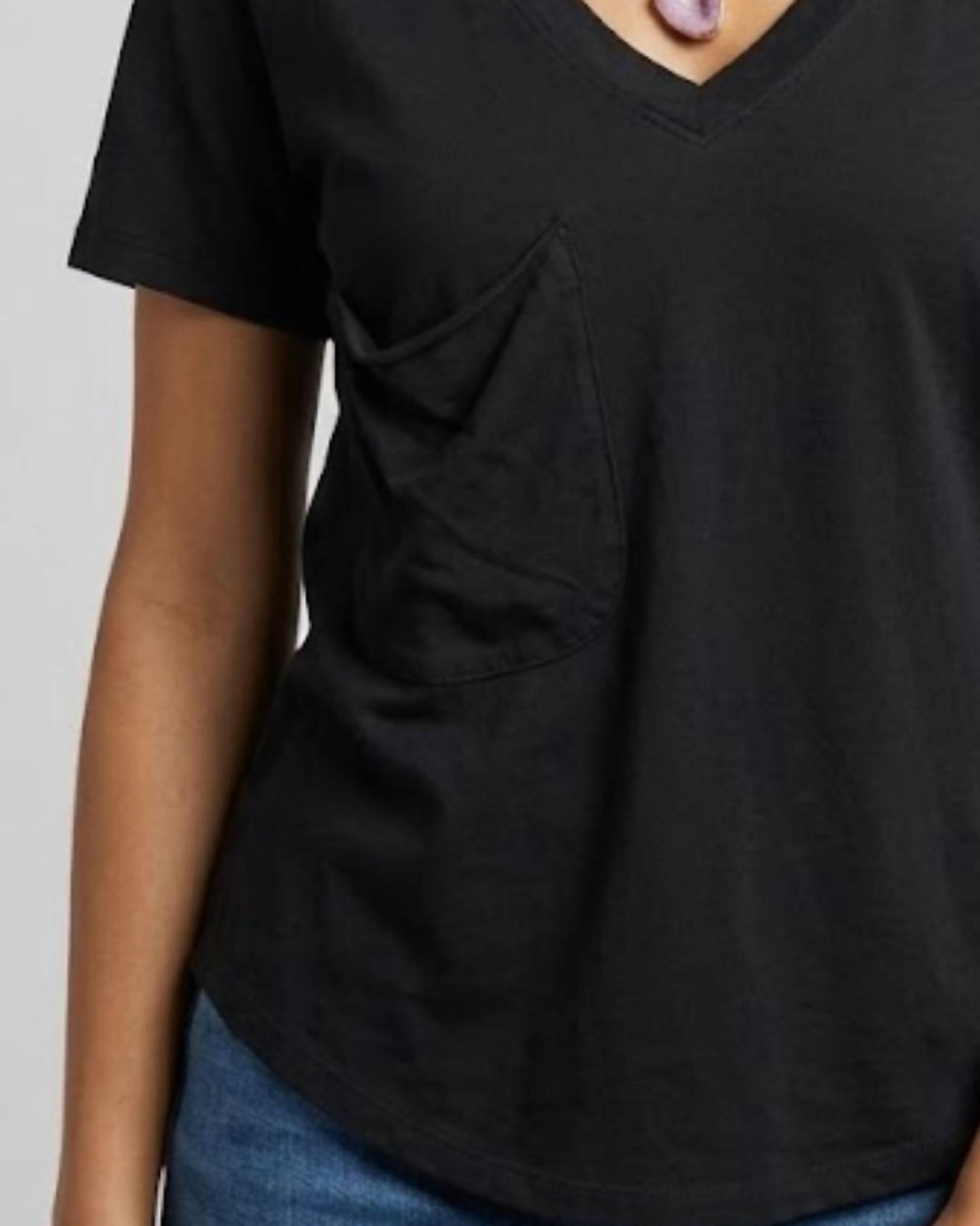 Mila Clothing V-neck Tee with Slouchy Pocket in black - women's t-shirt - detail view
