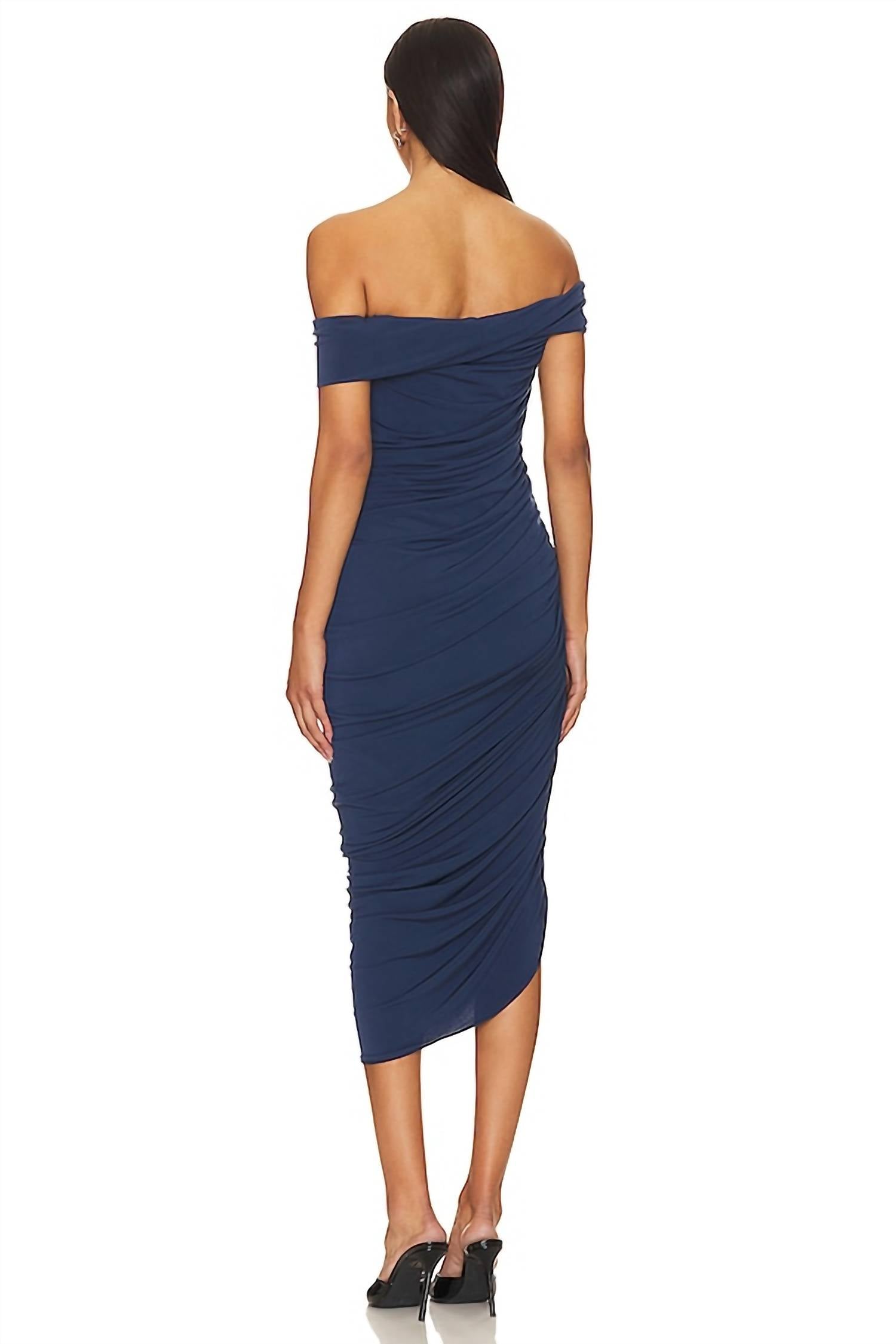 katie may Alana Ruched Midi Off Shoulder Dress in deep sea - women's dress - alternate view