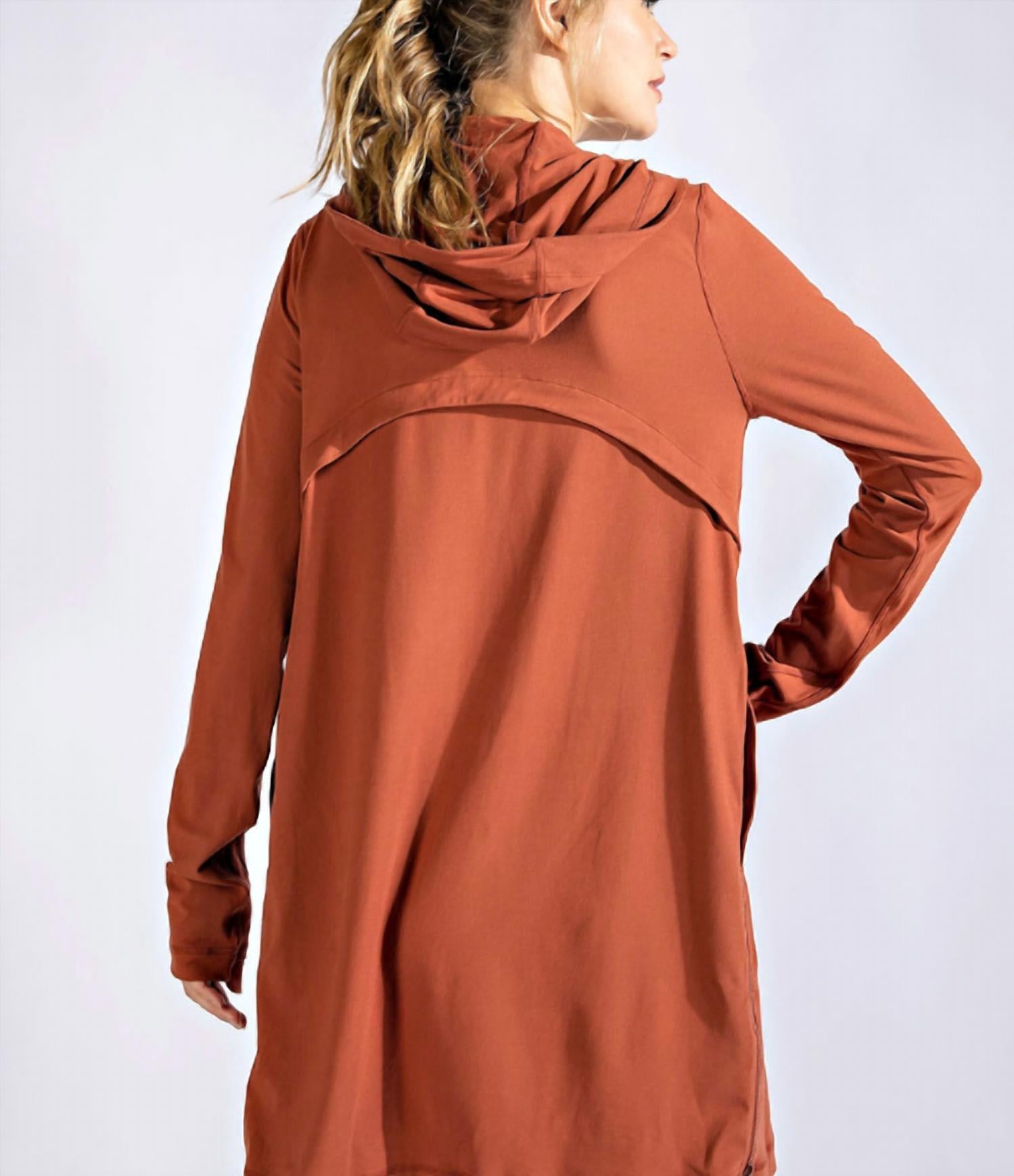 RAE MODE Long Hooded Active Jacket - Plus Size in dark terracotta - women's jacket - alternate view