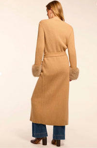 Ramy Brook Louise Wool Blend Faux Fur Trim Duster Sweater in camel - women's cardigan - detail view