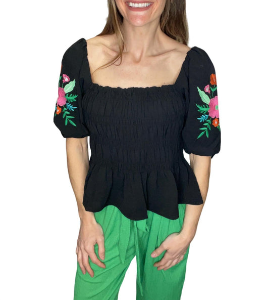 Oddi - EMBROIDERED SMOCKED PEPLUM TOP