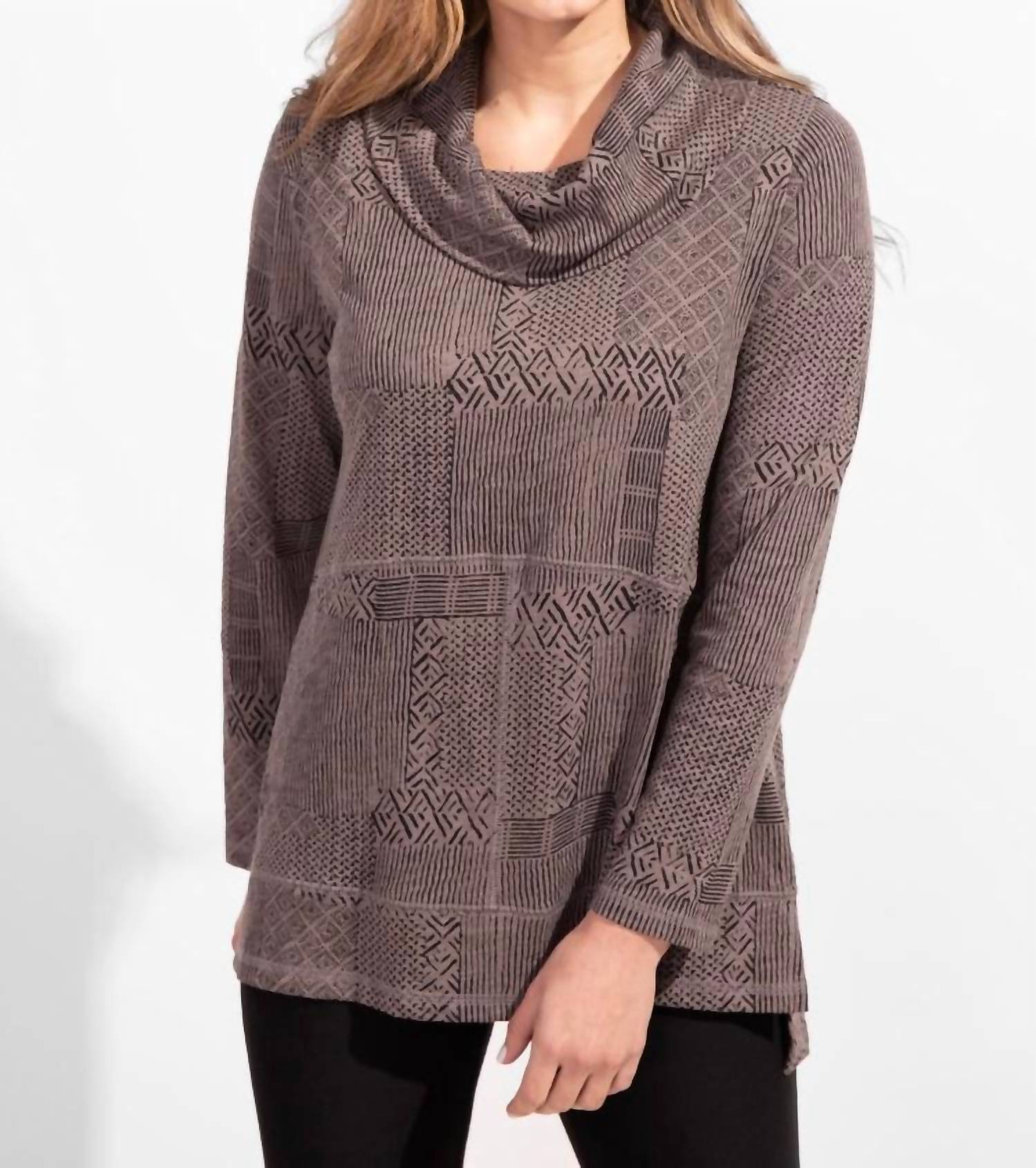ESCAPE BY HABITAT Printed Cowl Neck Top in grey - women's long sleeve top