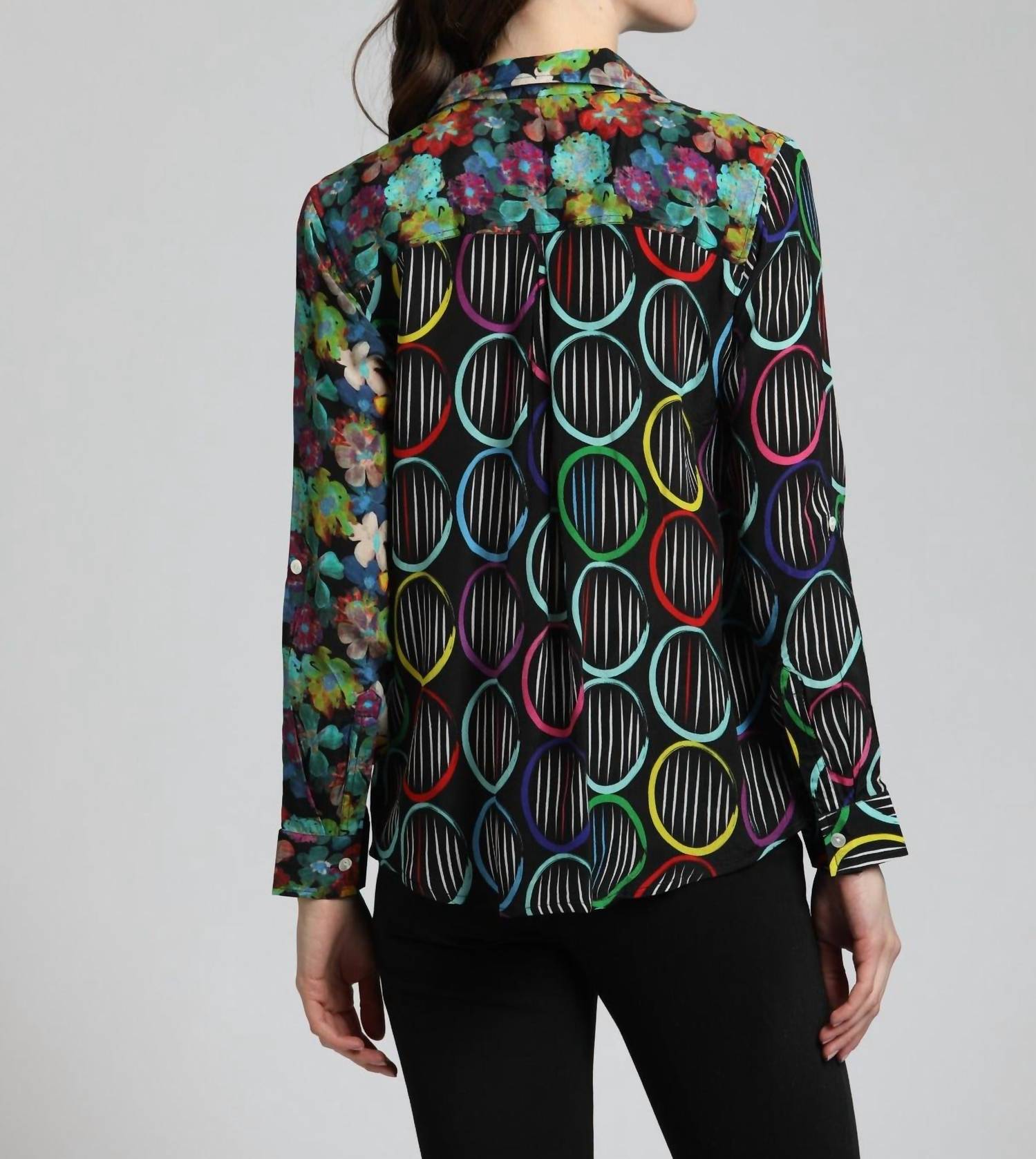 Apny - Mixed Pattern Printed Button-Up Blouse