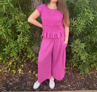 Davi & Dani - Ruched Ruffle Pant & Short Sleeve Top Set