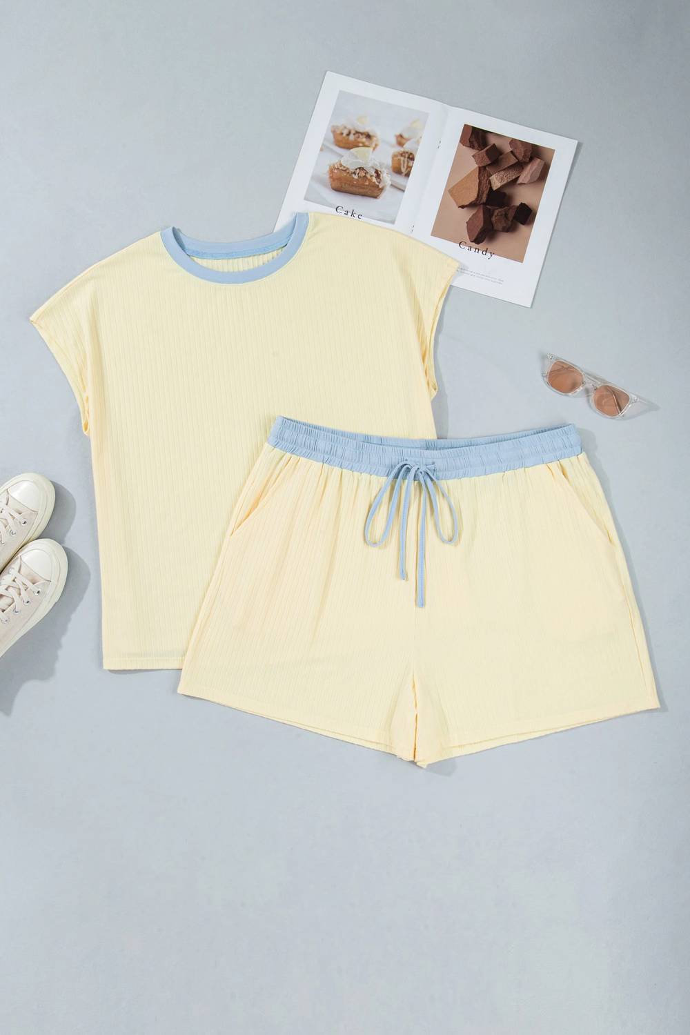Dear Lover - Ribbed Color Block Trim Drawstring Shorts 2-Piece Set - Plus