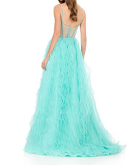 ASHLEYlauren Sweetheart Corset-style Bow Bodice Prom Gown in aqua - women's dress - detail view
