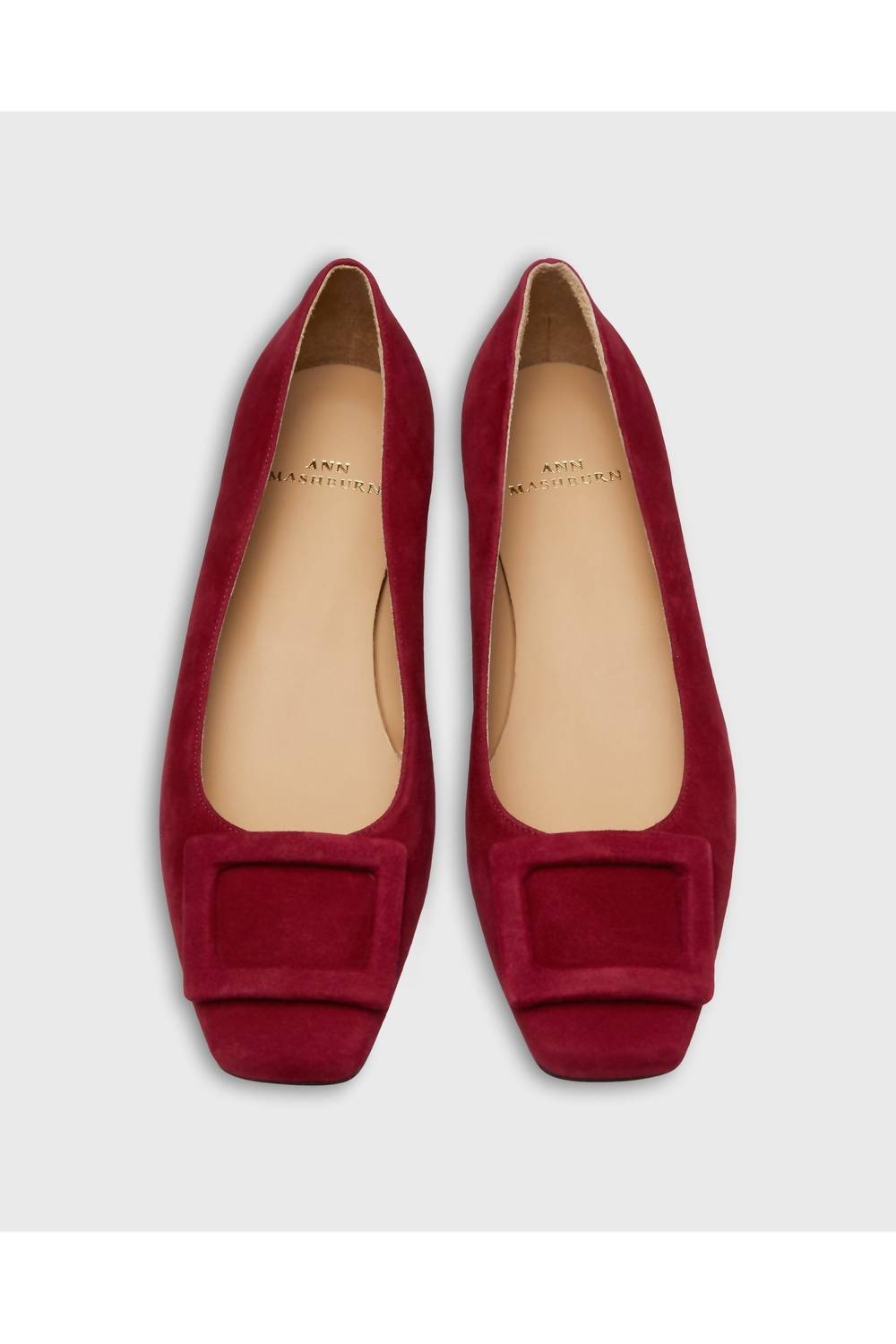 Ann Mashburn Women's Buckle Shoe in deep red suede 1 - women's heels - detail view