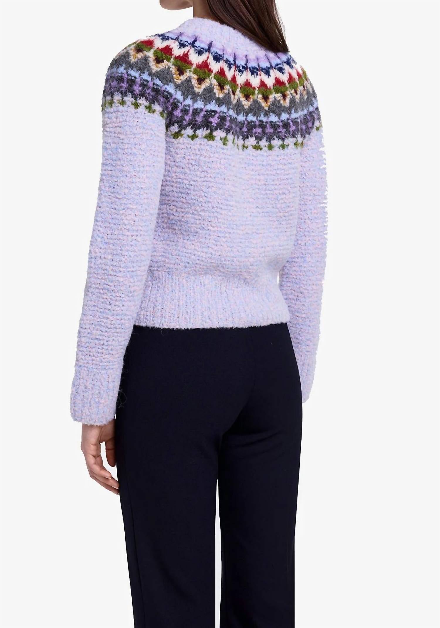 Smythe Handknit Granny Cardigan in lilac fair isle - women's cardigan - detail view