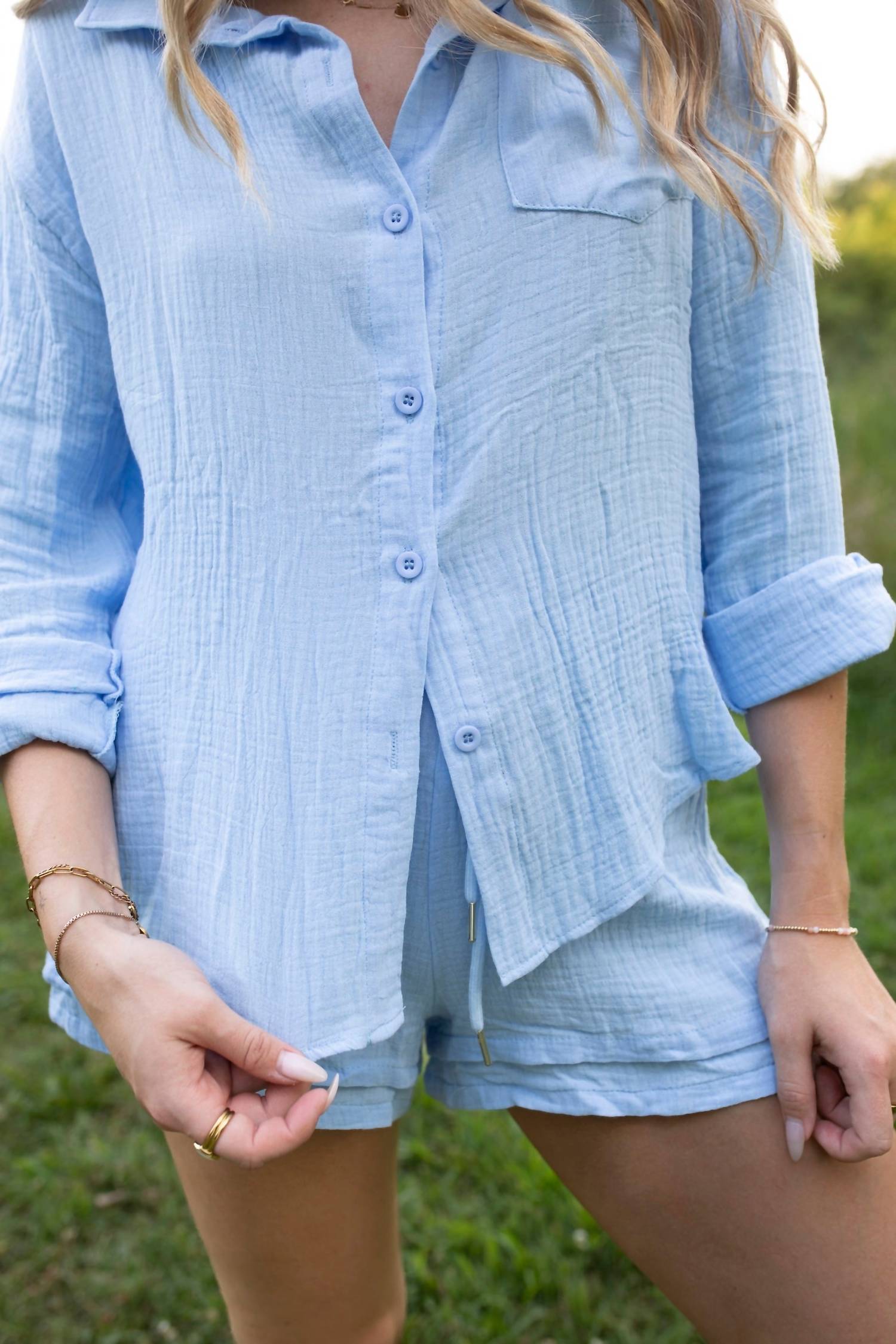 Miss Sparkling Coastal Breeze Gauze Blouse And Shorts Set in blue - women's sleepwear - alternate view