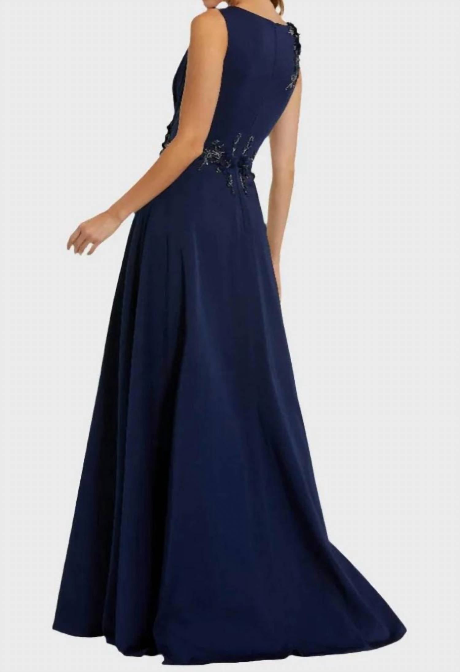MAC DUGGAL Bateau Floral Appliqued Evening Gown in navy - women's dress - detail view