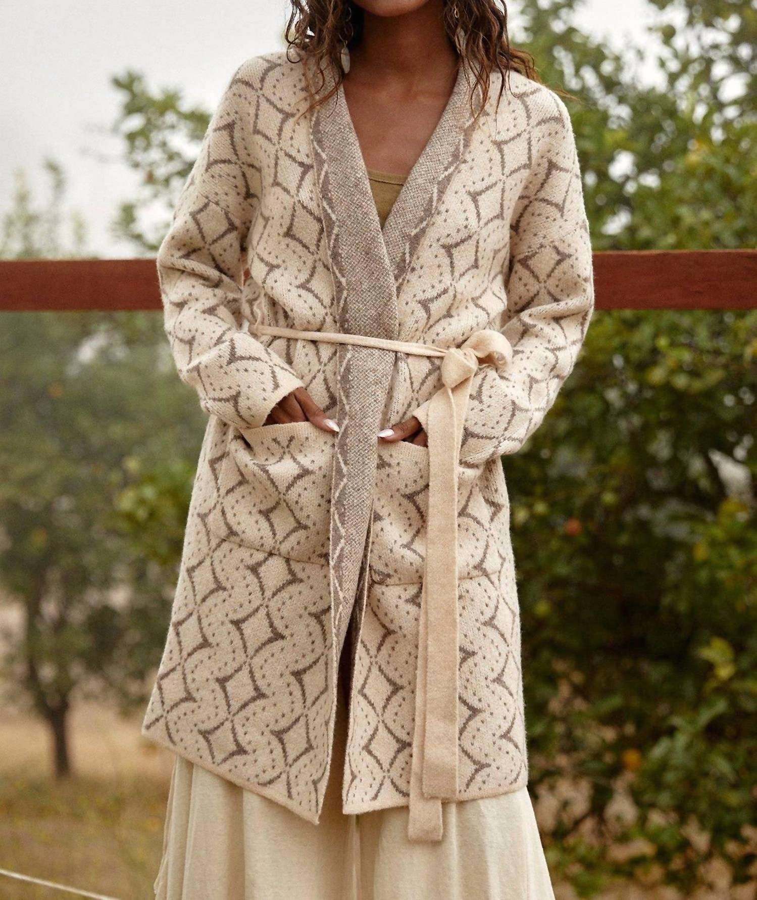 Lovestitch - Western Diamond Jacquard Belted Cardigan