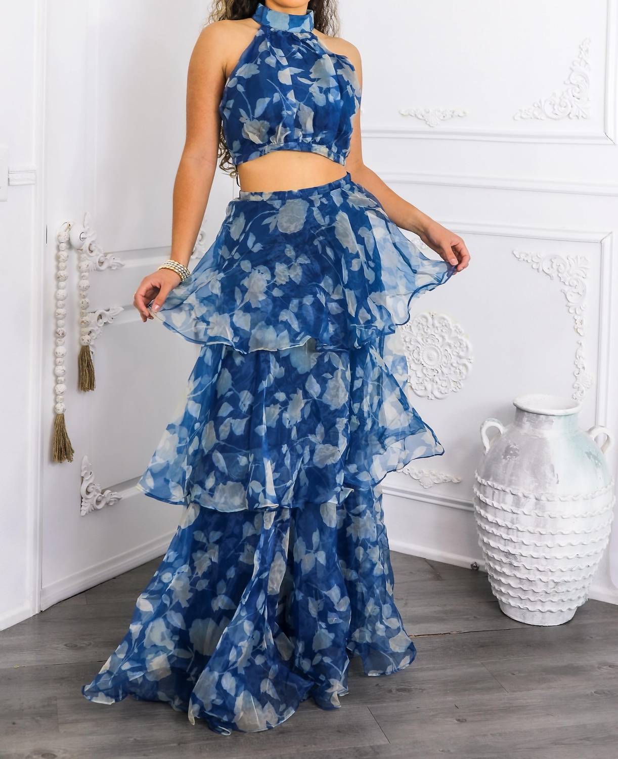 Surelymine - Tiered Ruffle Two-piece Set Halter Crop Top & Maxi Skirt