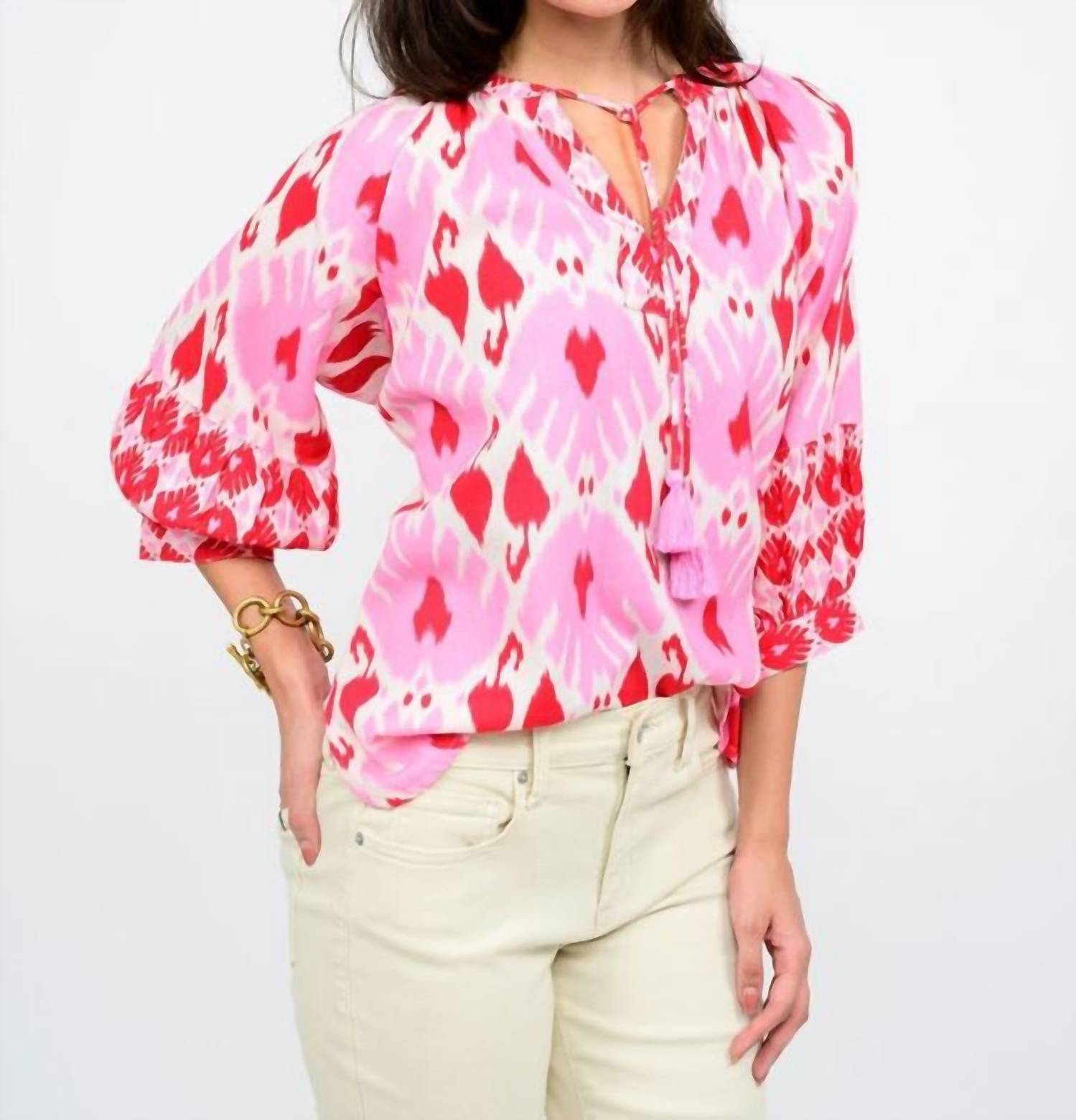 Ivy Jane IKAT YOUR HEART TOP in red 1 - women's blouse - detail view