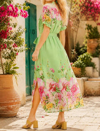 Umgee - Floral Border Print Midi Dress With Tie Belt