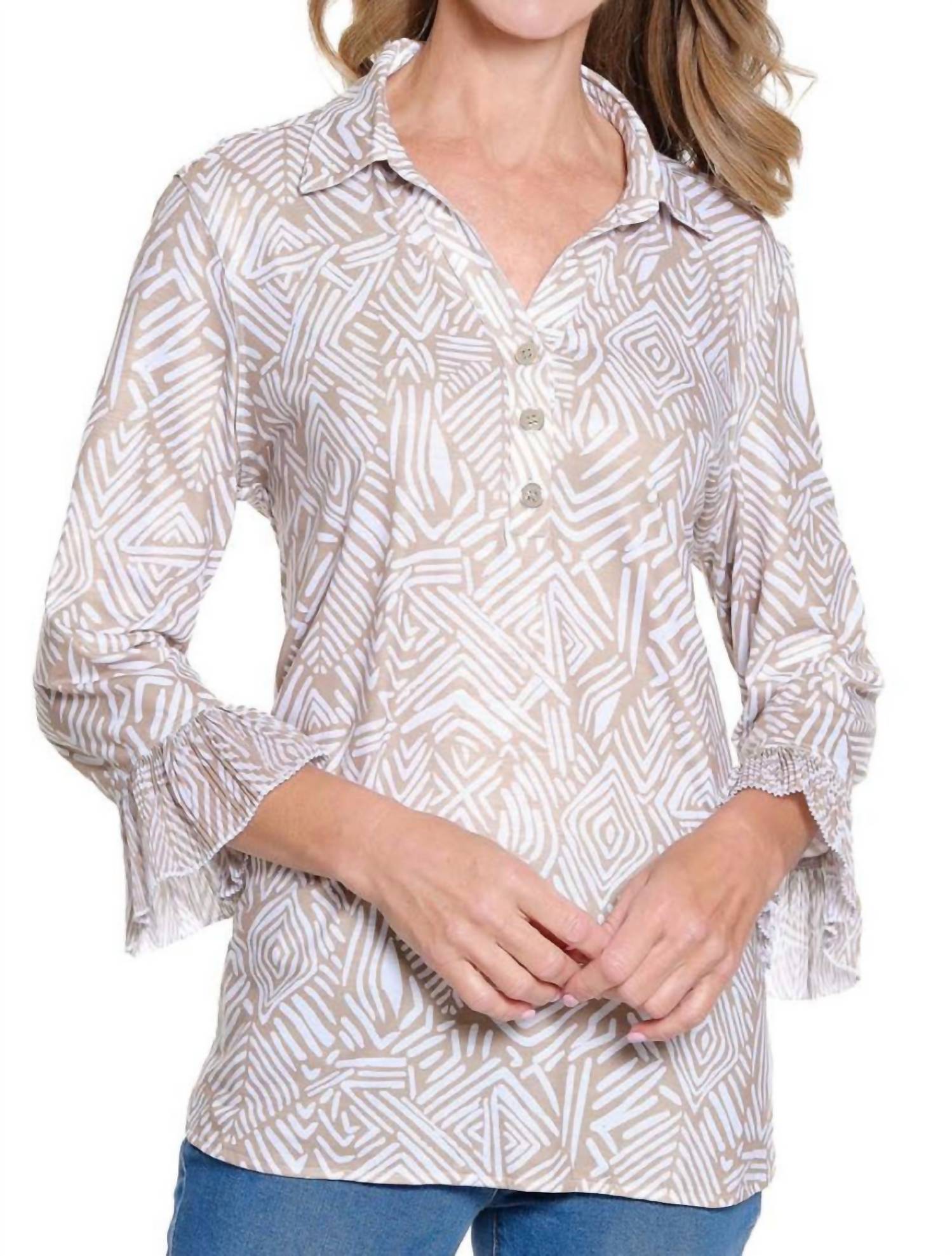 Multiples - Pleated Flounce 3/4 Sleeve Pebble Top