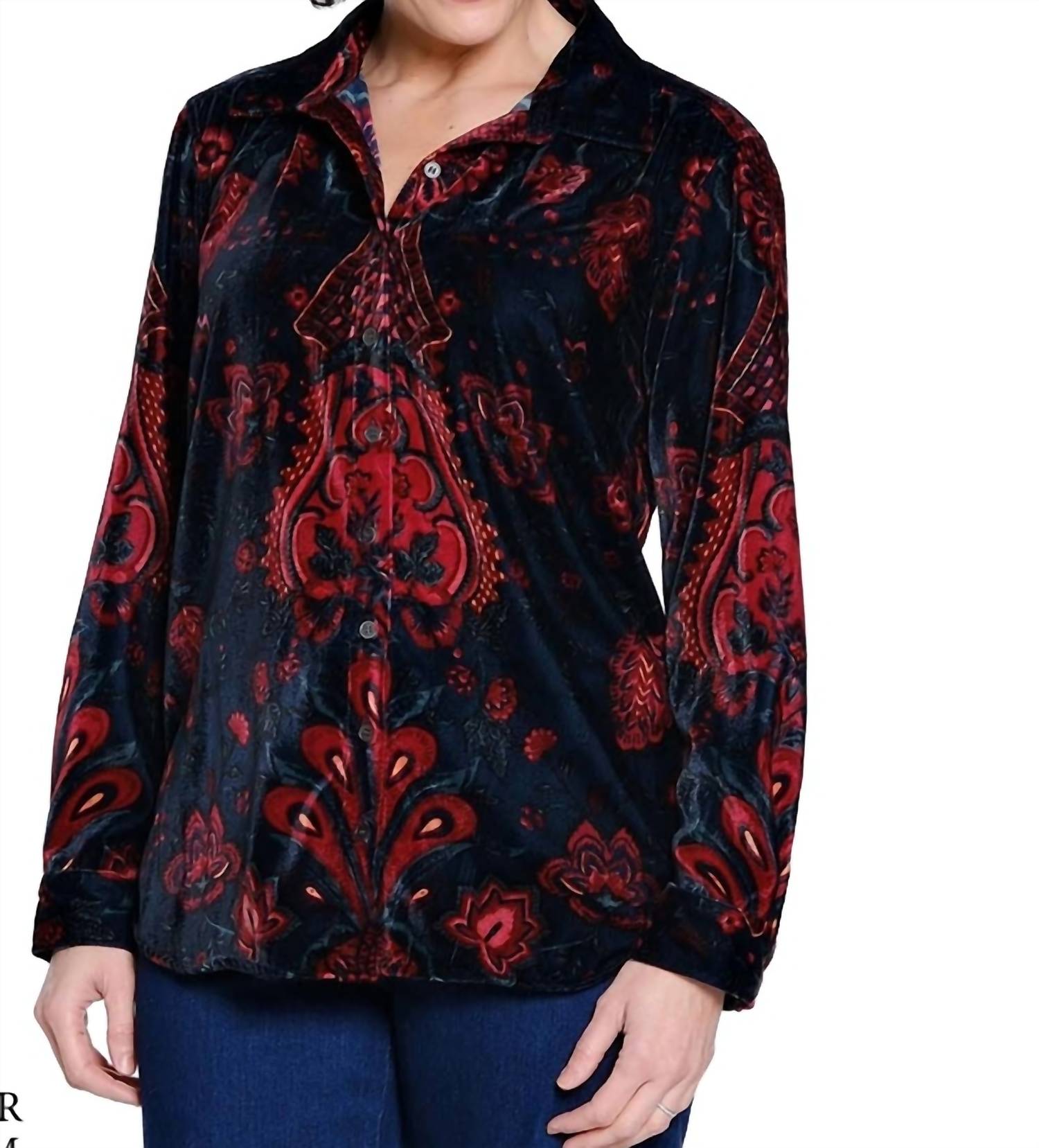 TRU LUXE velvet button front top in multi - women's shirt