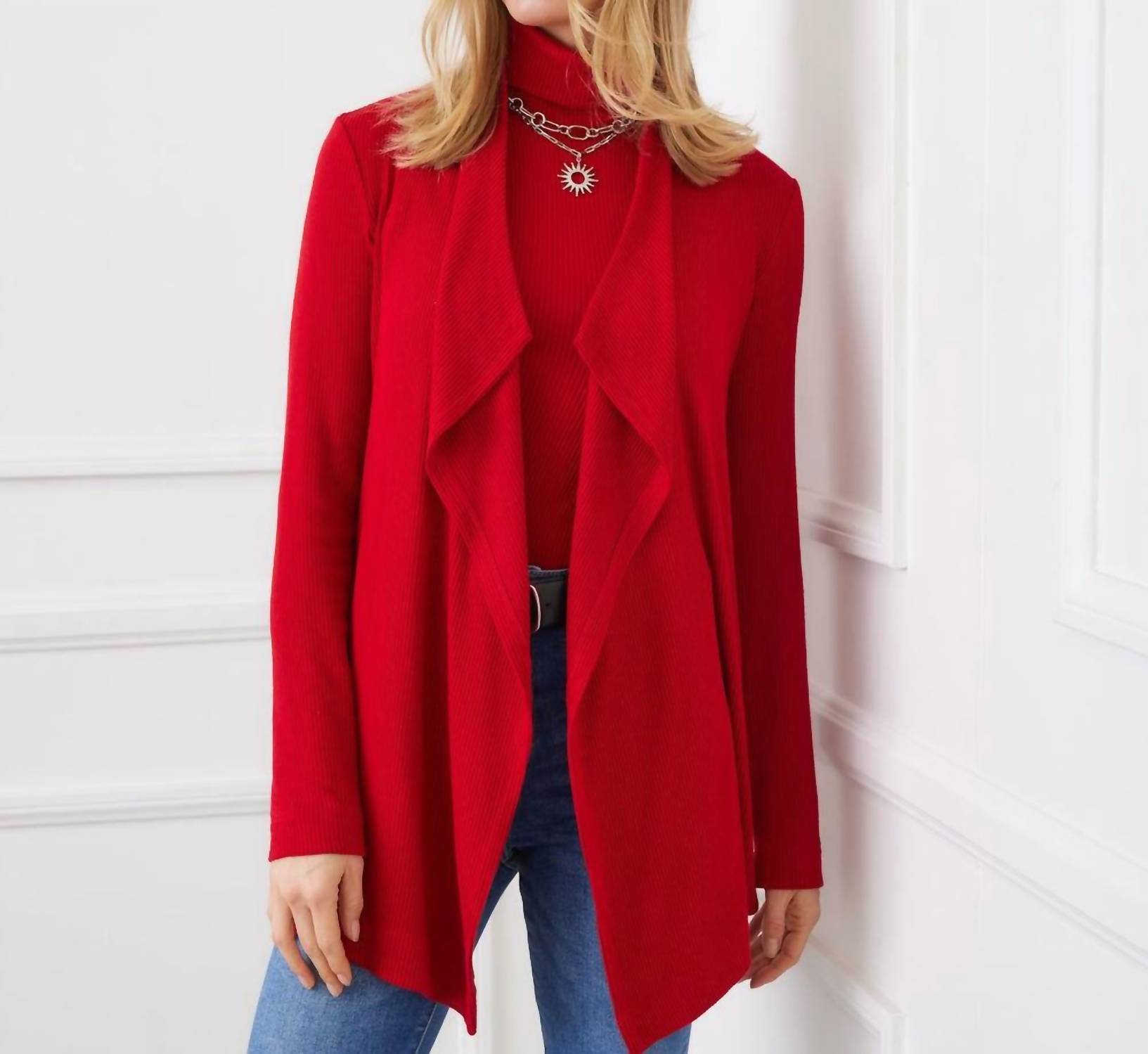 Karen Kane Long Sleeve Ribbed Drape Front Cardigan in red - women's cardigan - view 5