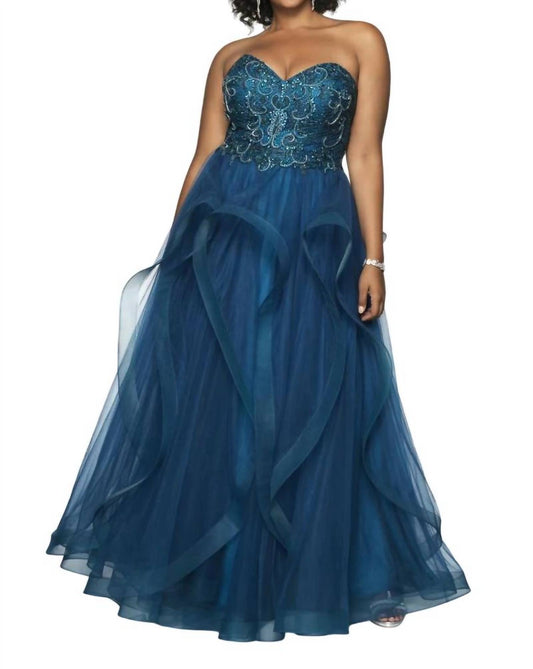 Blush Prom - Hand Beaded Tulle Strapless Ruffled Gown - Plus