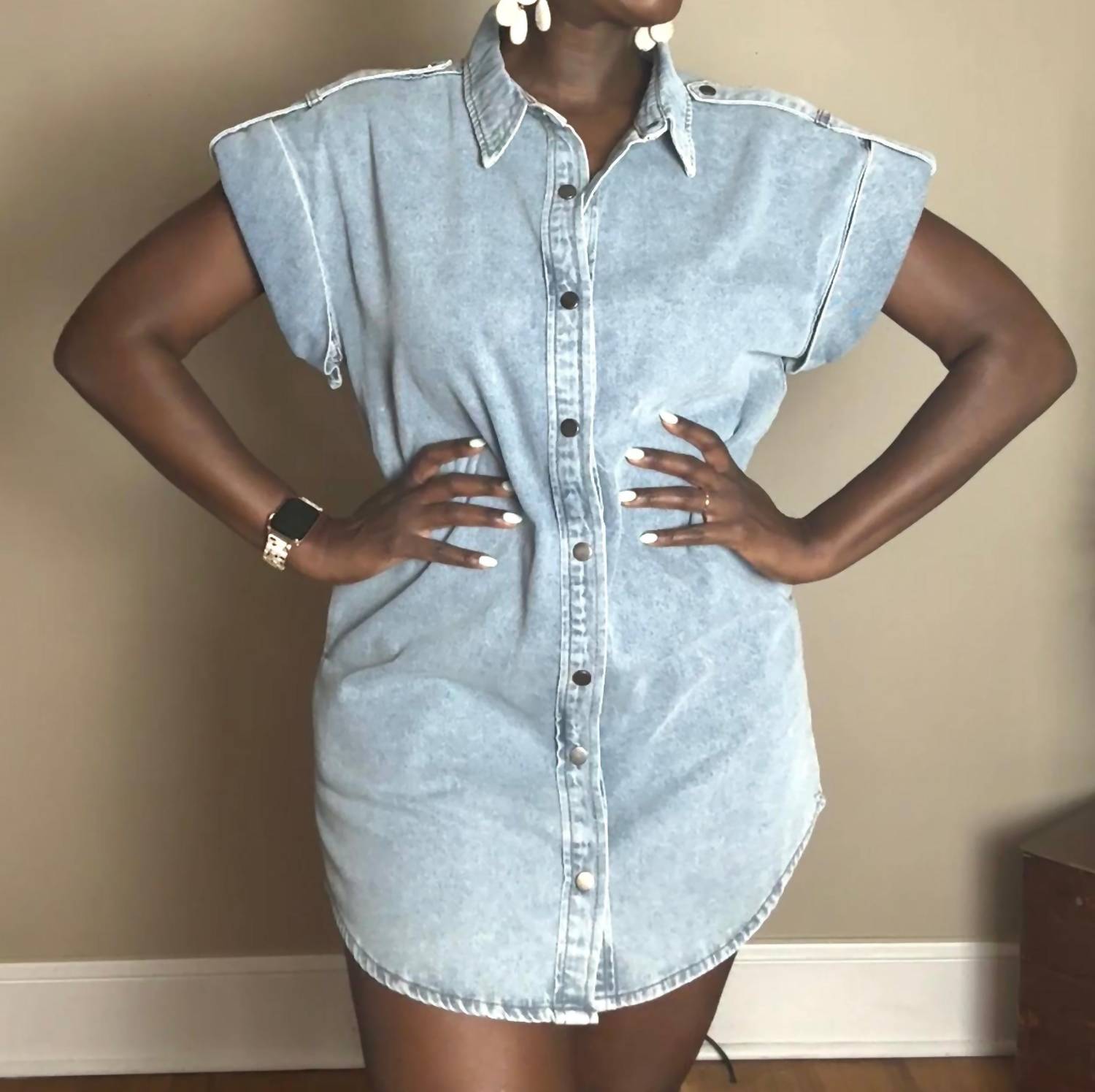 Ee:Some - Women's Denim Button Front Mini Dress With Cap Sleeve
