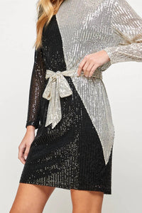 See And Be Seen - Sequin Color Blocked Long Sleeve Dress With Sash