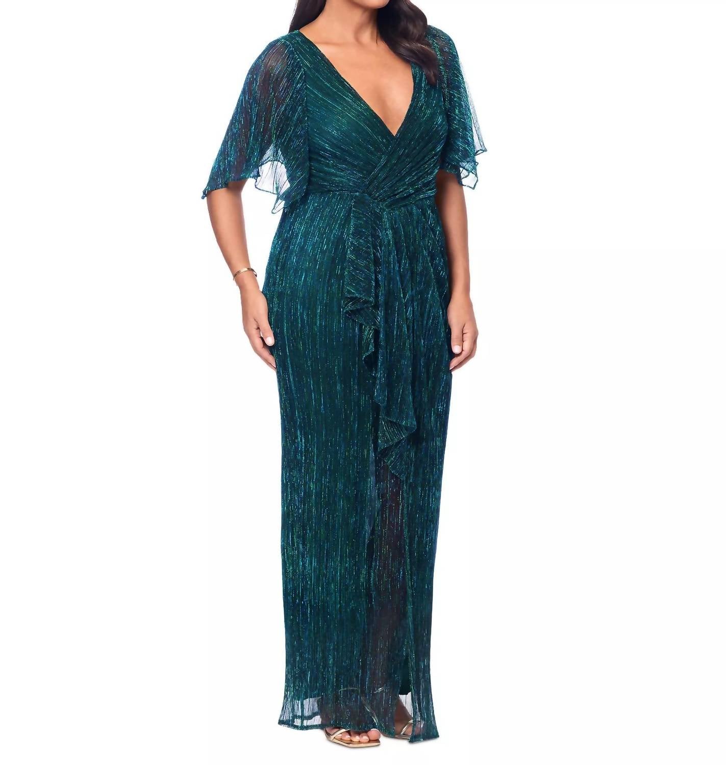 Betsy & Adam Metallic Ruffle Long Gown in green - women's dress - alternate view