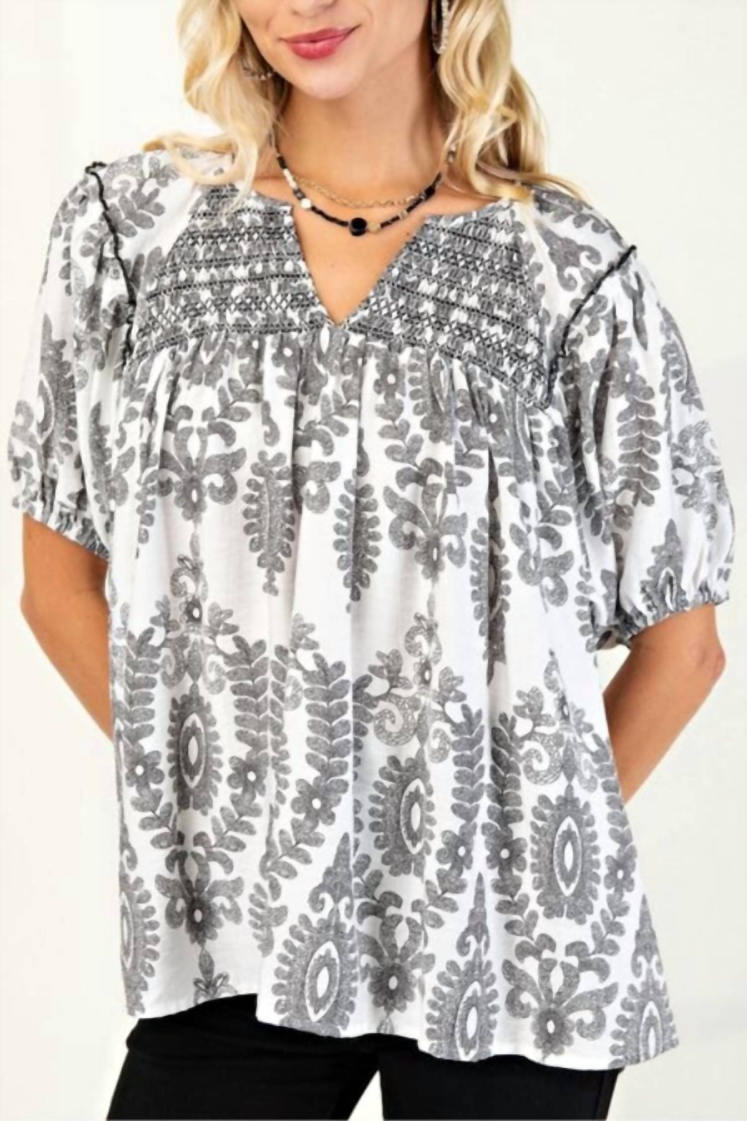 GiGiO Smocked Short Sleeve Top in grey - women's blouse
