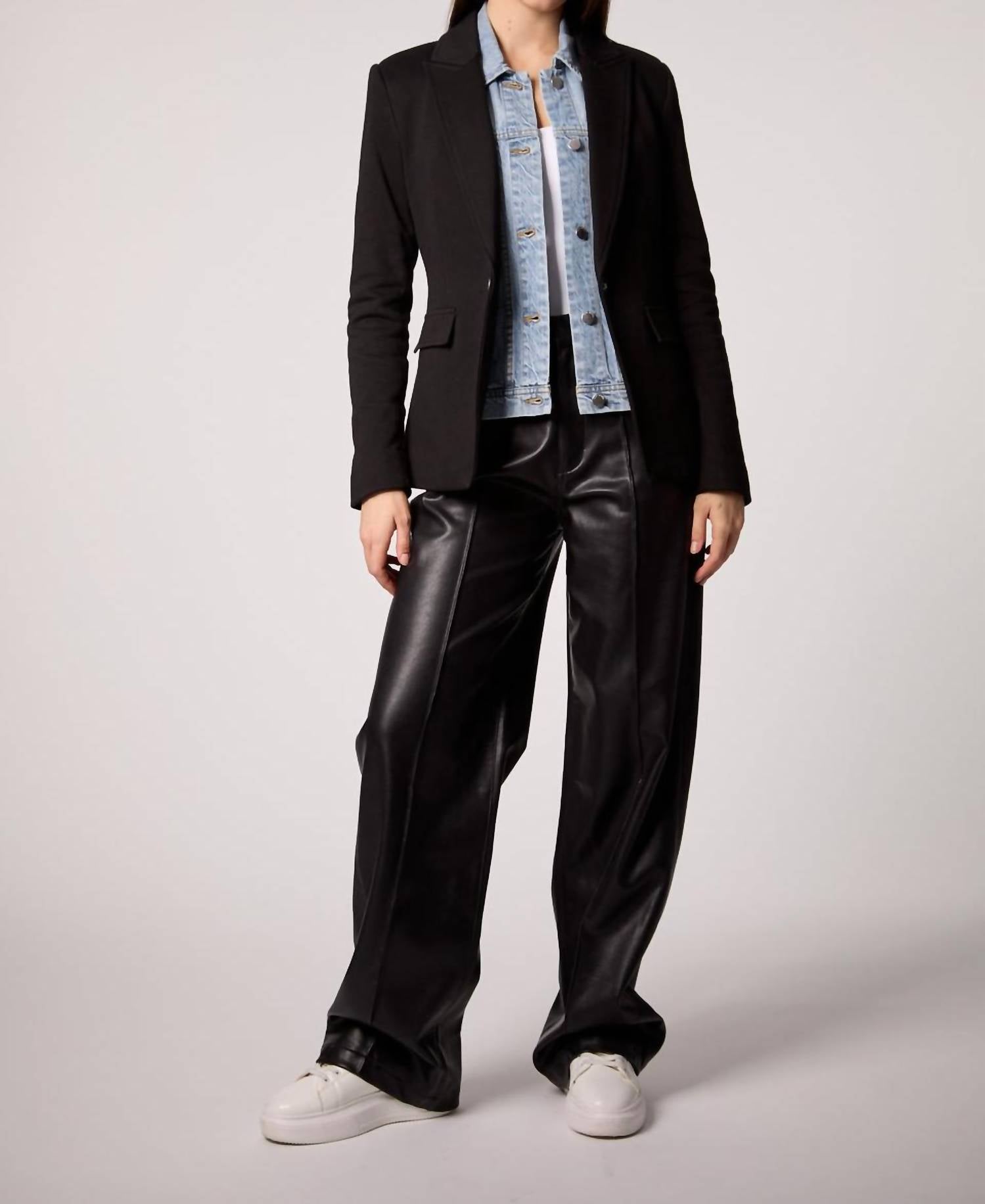 BLUE REVIVAL Helen Blazer in black med wash denim insert - women's jacket - detail view