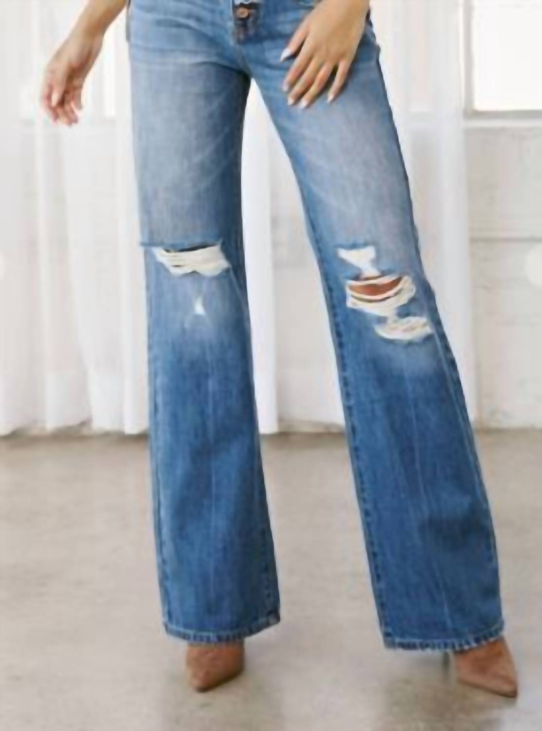 KanCan Ultra High Rise Exposed Button 90's Flare Jeans in medium wash - women's pants - alternate view