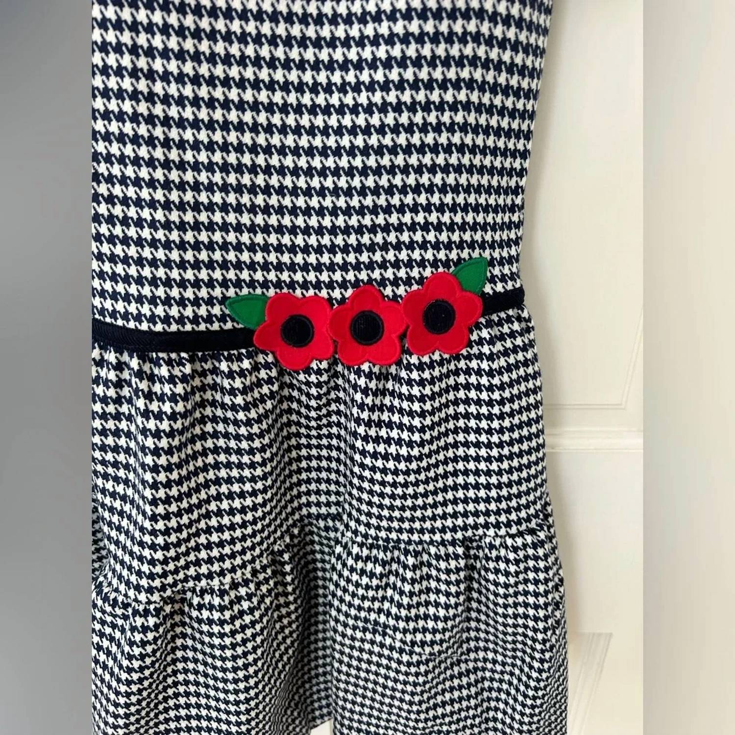 Florence Eiseman Girls' Houndstooth Dress With Flowers in navy white - kids' dress - detail view