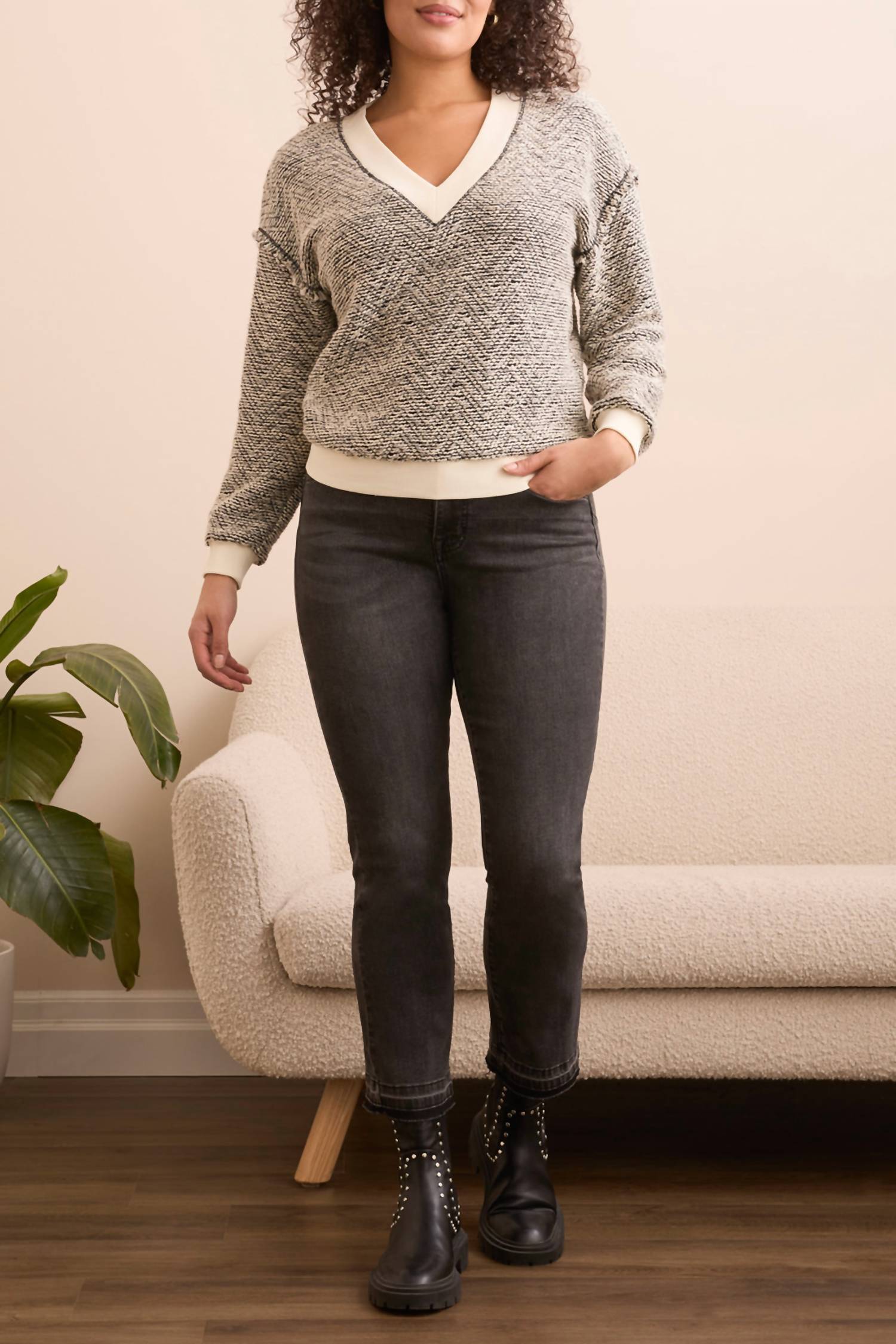 Tribal - V-neck Top With Rib Detail Sweater