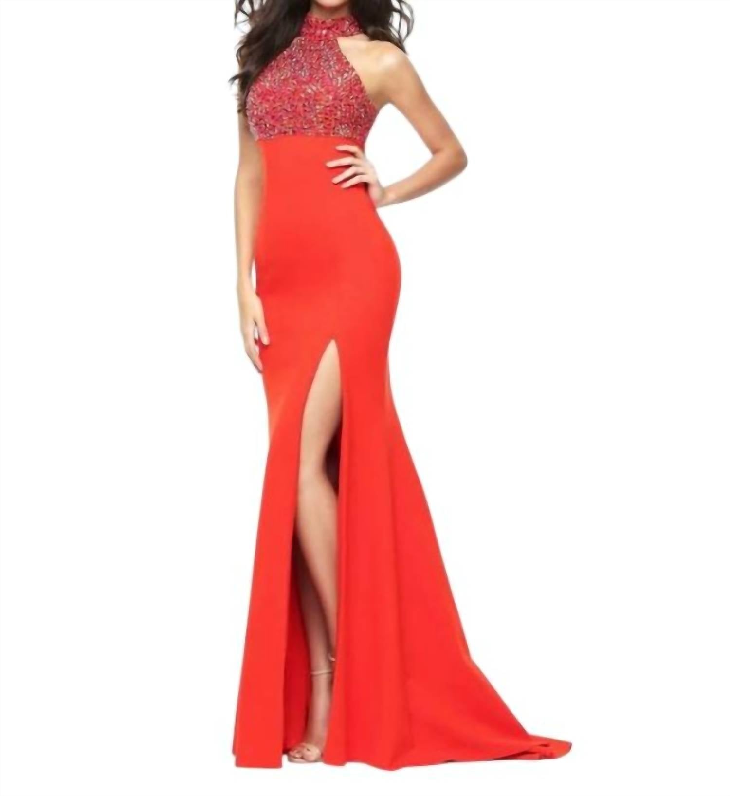 Sherri Hill Women's Beaded Halter Open Back Gown in orange - women's dress