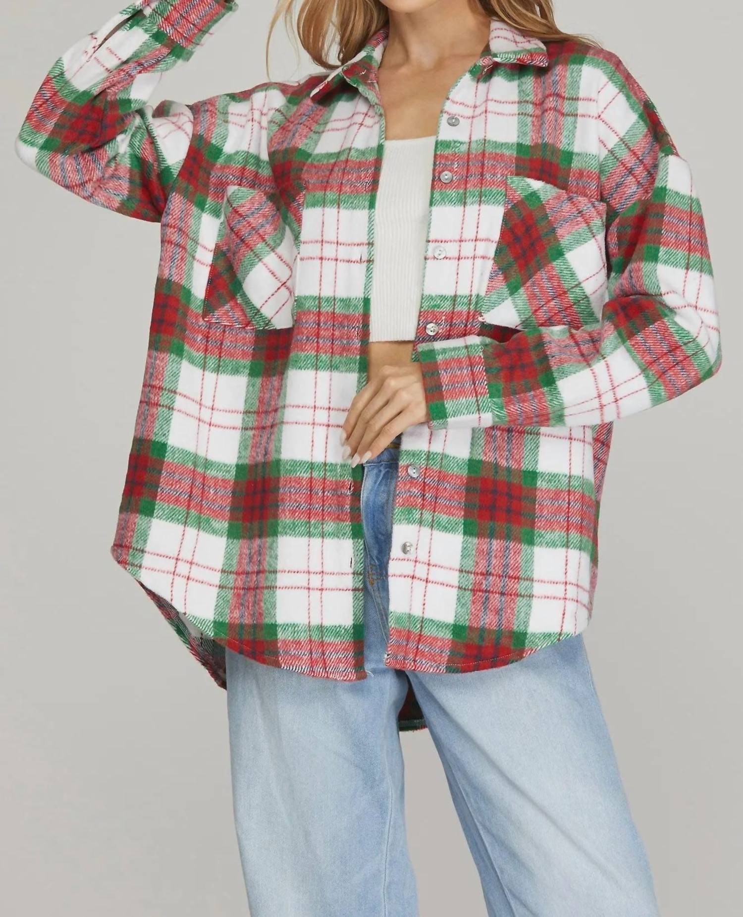 She + Sky - Long Sleeve Button Down Shacket With Front Pockets