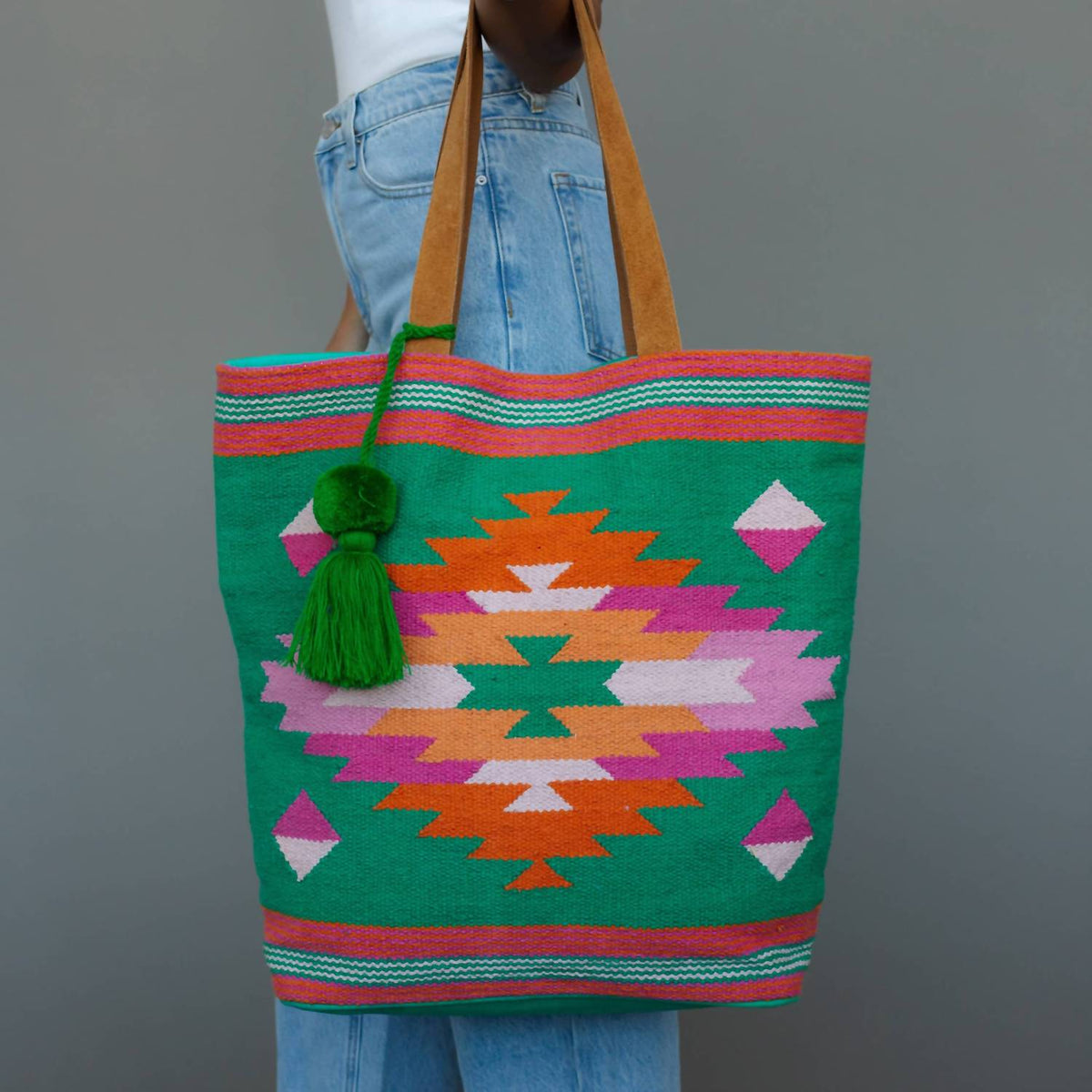 Panache Apparel - Women's Boho Pom Tassel Tote Bag