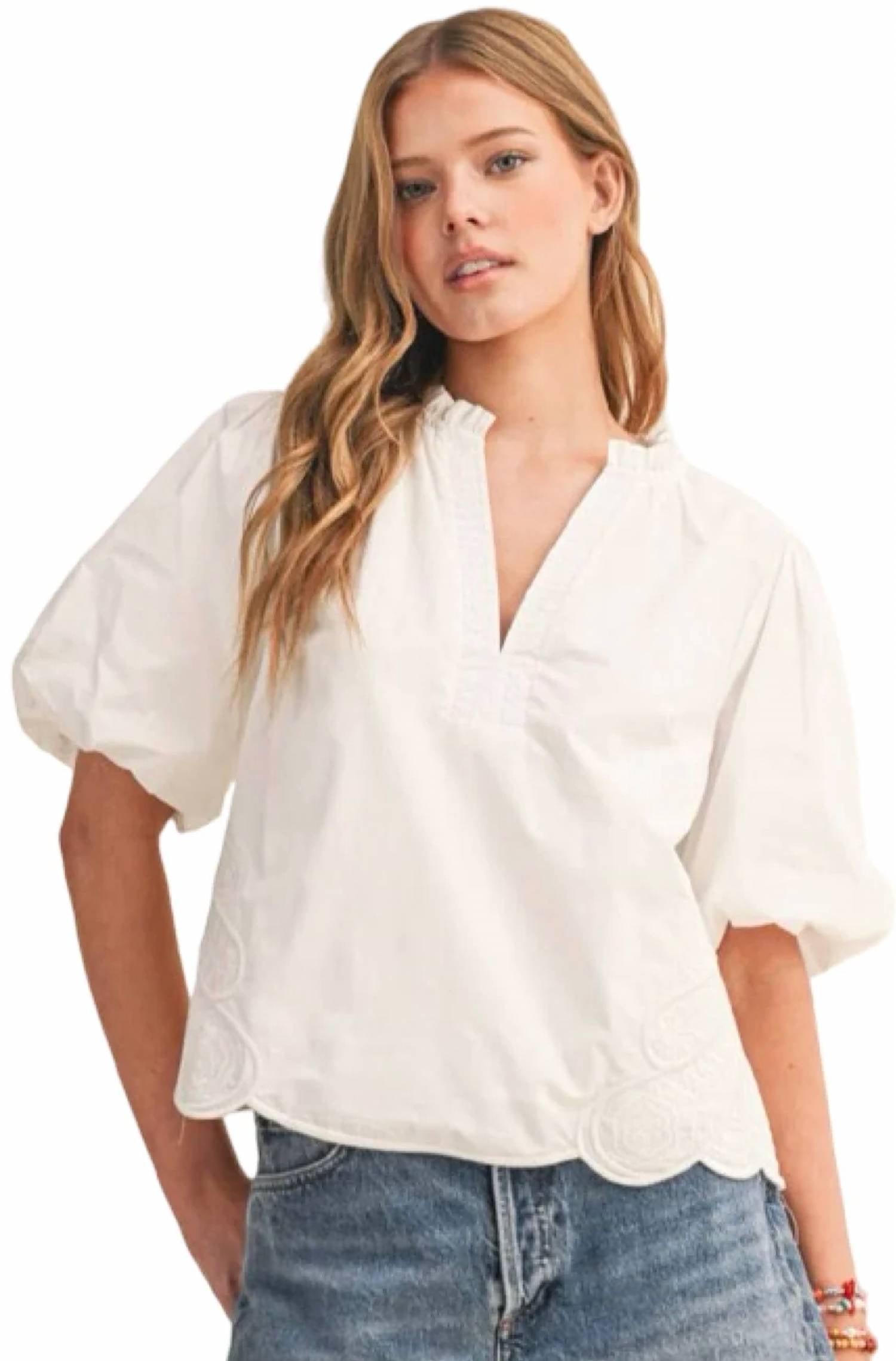 &Merci - Bubble Sleeve Top With Side Embroidery