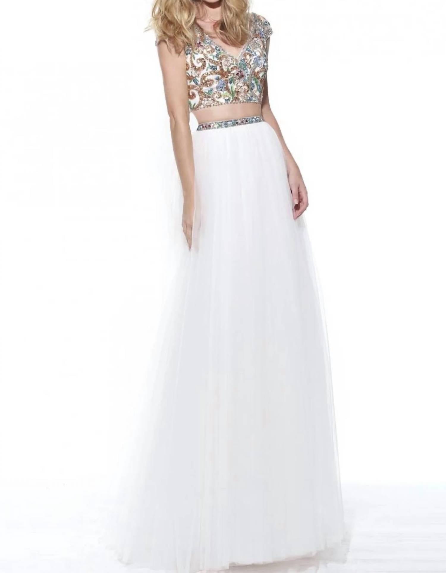 Sherri Hill Beaded Two Piece Tulle Gown in ivory - women's dress - detail view