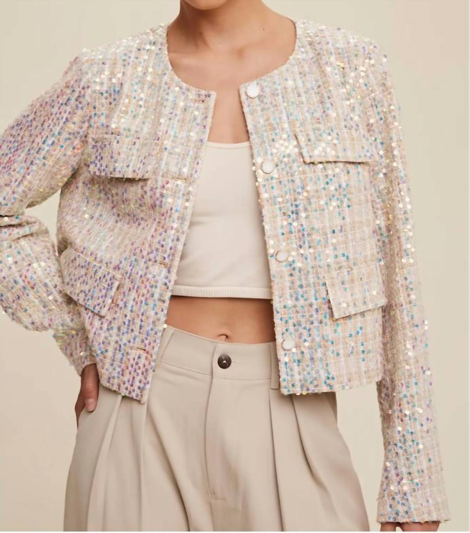 Listicle - Luxe Lights Sequin Cropped Tweed Jacket