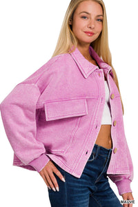 Zenana - Acid Wash Fleece Cropped Shacket With Front Pockets
