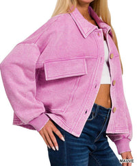 Zenana - Acid Wash Fleece Cropped Shacket With Front Pockets