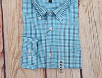 F/X Fusion Men's Long Sleeve Mini Multi Check Shirt in aqua - men's shirt - detail view