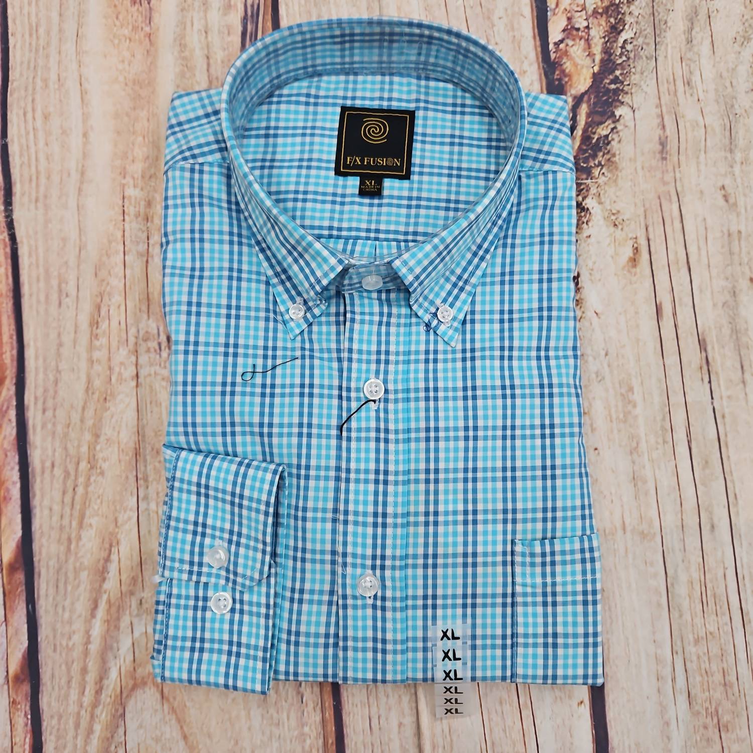 F/X Fusion Men's Long Sleeve Mini Multi Check Shirt in aqua - men's shirt - alternate view