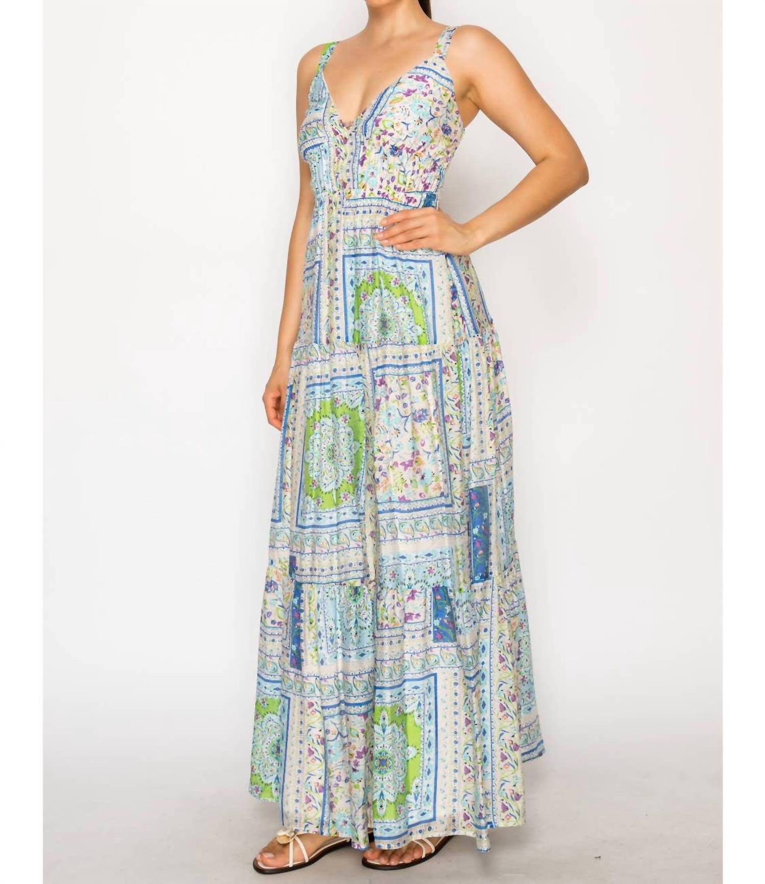 Meet Me in Santorini Mediterranean Garden Tiered Maxi Dress in santorini mediterranean garden tiered maxi dress in blue - women's dress