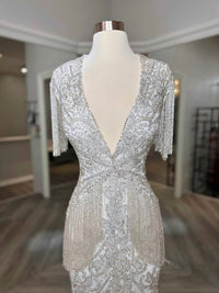 Sherri Hill - Women's Deep V-neck Long Fitted Beaded Gown