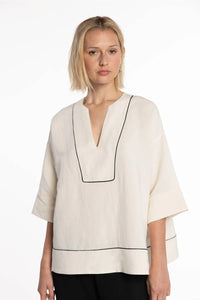 Naulover - Linen Blouse With Contrast Trim