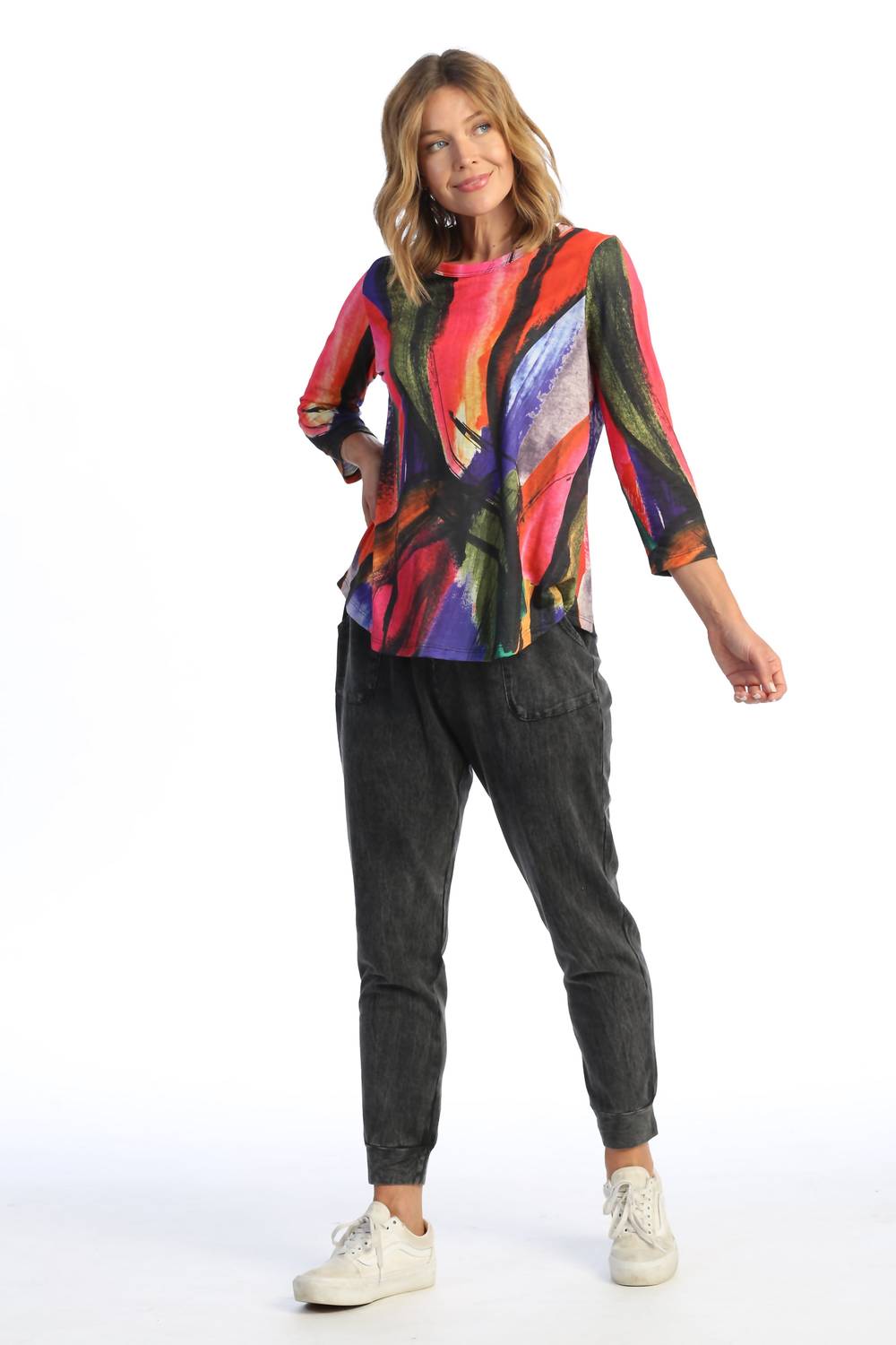 Jess & Jane Vera Sublimation Round Hem Top in abstract multicolor - women's blouse - alternate view