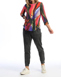 Jess & Jane Vera Sublimation Round Hem Top in abstract multicolor - women's blouse - detail view