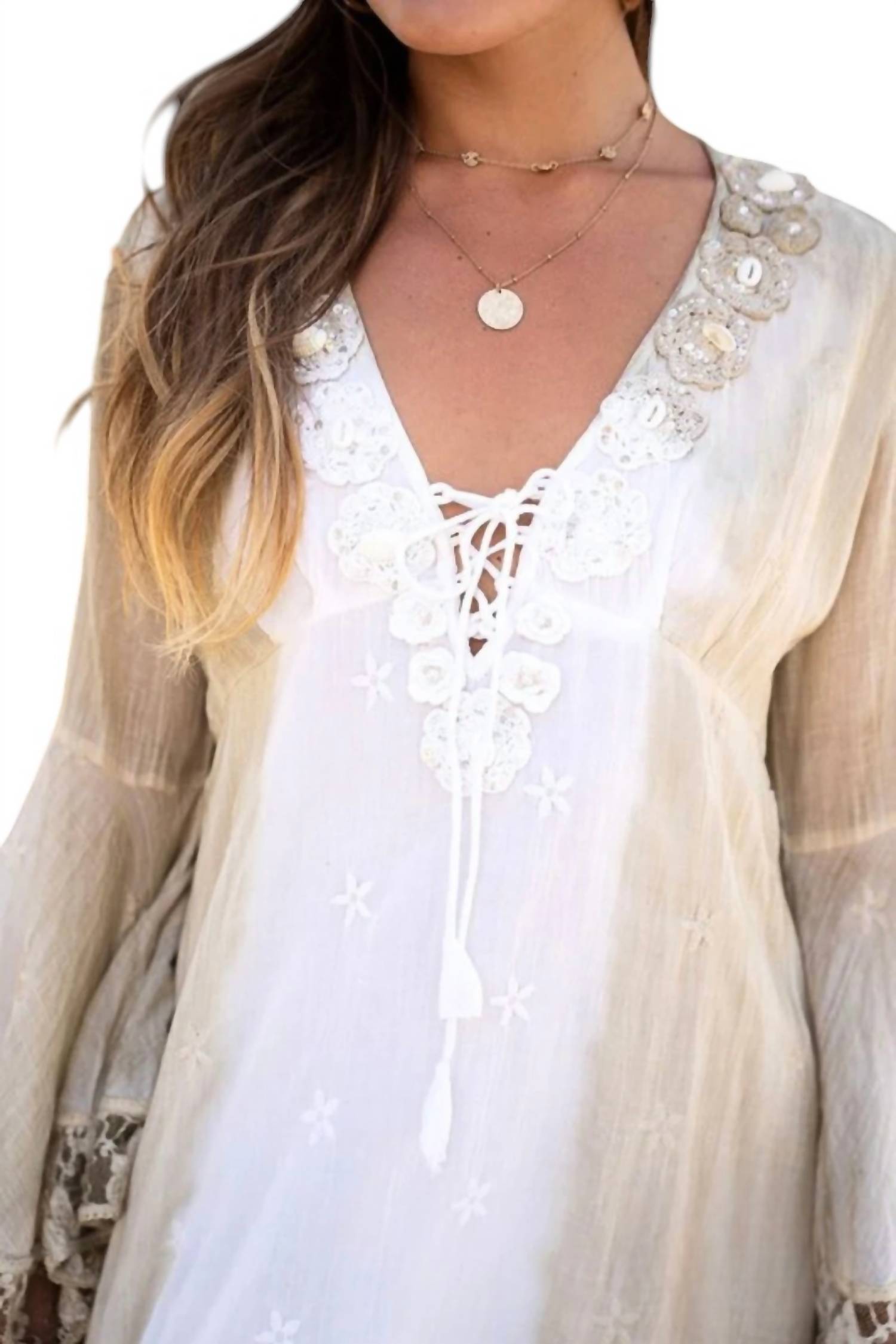 Venti6 - Ariella Shells & Lace Bell Sleeves Dress