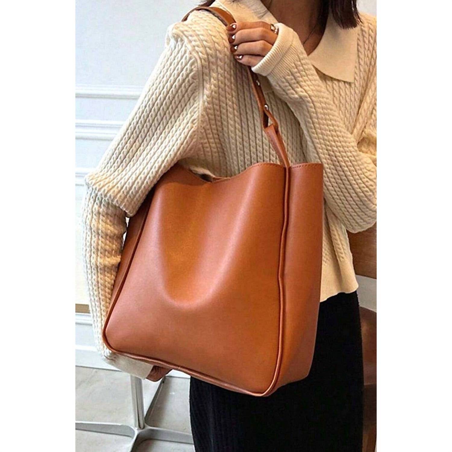 42POPS Women's Vegan Leather Slouchy Large Capacity Shoulder Bag in camel brown - women's bag